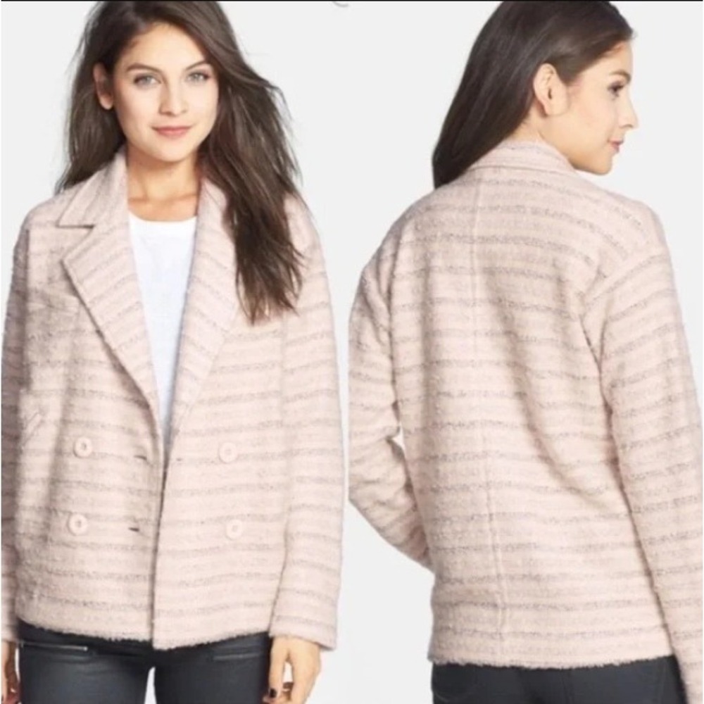 Elodie Shadow Striped Double Breasted Coat Ivory Blush Fuzzy Jacket Coat M